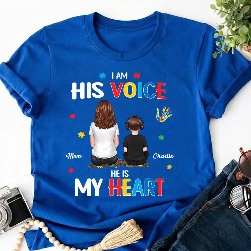 Personalized Classic Tee I Am His Voice He Is My Heart Autism Puzzle Mom and Son Back View Unique Gift