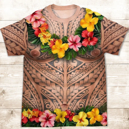 Printed Classic Tee, Personalized Tribal Tattoo & Tropical Lei Design, Unique Creative Gift for Him