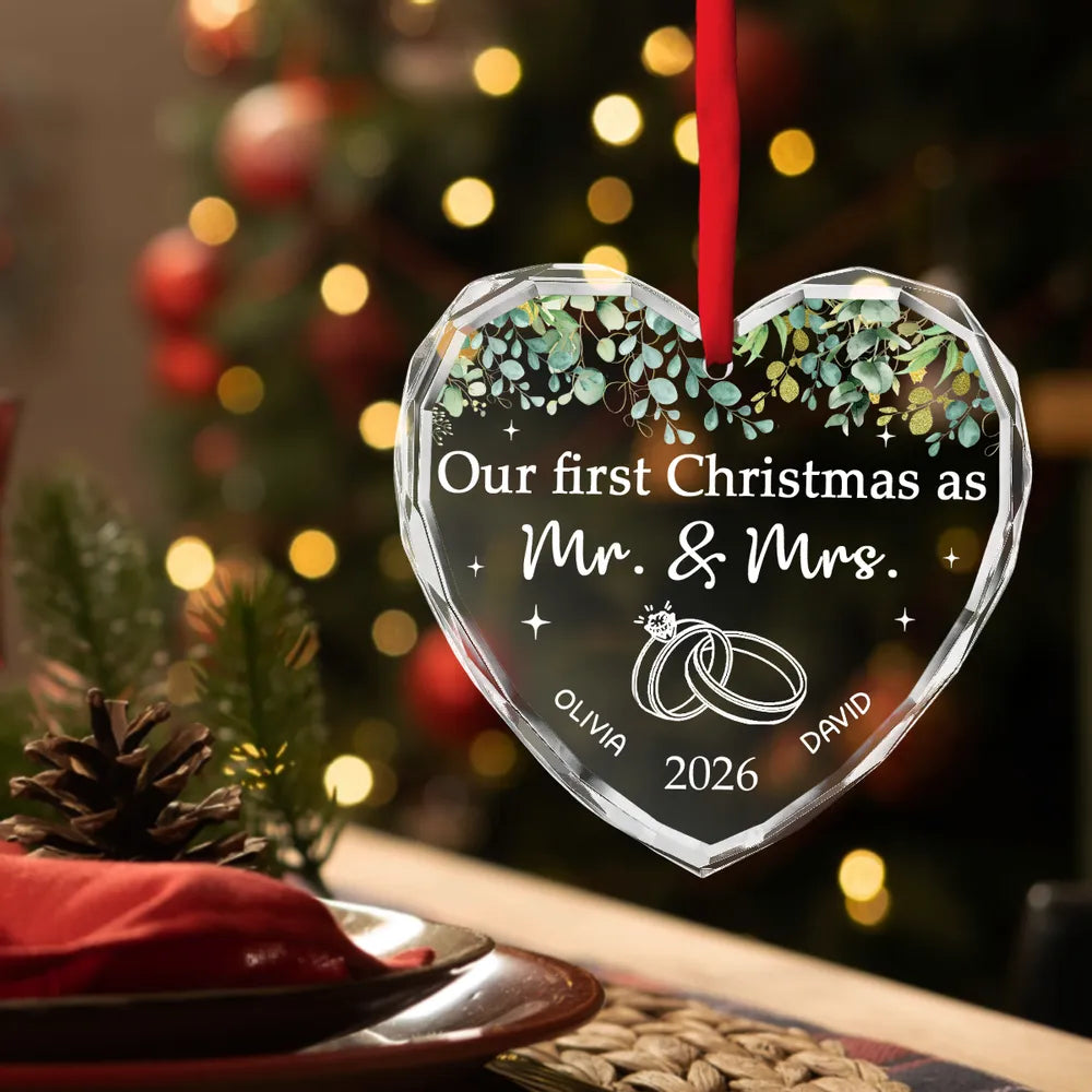 Personalized Crystal Heart Ornament with Wedding Rings and Greenery, Unique Wedding Gift for Newlyweds