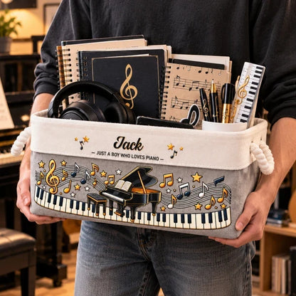 Personalized Cotton Linen Rope Basket, Piano and Music Note Organizer, Unique Gift for a Young Musician