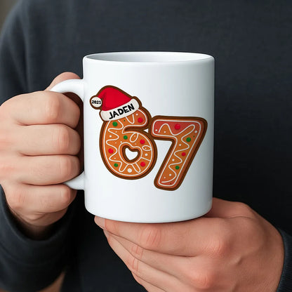 Personalized “67” Christmas Mug with Cute Cookie Design, Custom Name Holiday Gift for Kids, Teens & Grandkids