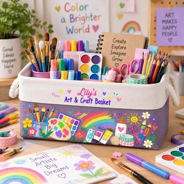 Cotton Linen Rope Basket, Child Holding Colorful Art Supplies, Personalized Creative Gift for Young Artists