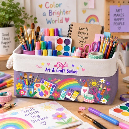Cotton Linen Rope Basket, Child Holding Colorful Art Supplies, Personalized Creative Gift for Young Artists