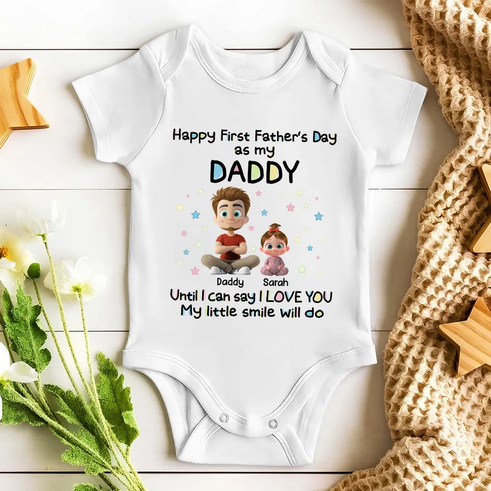 Personalized Short Sleeve Baby Onesie with Sitting Dad & Baby, First Father's Day Unique Gift