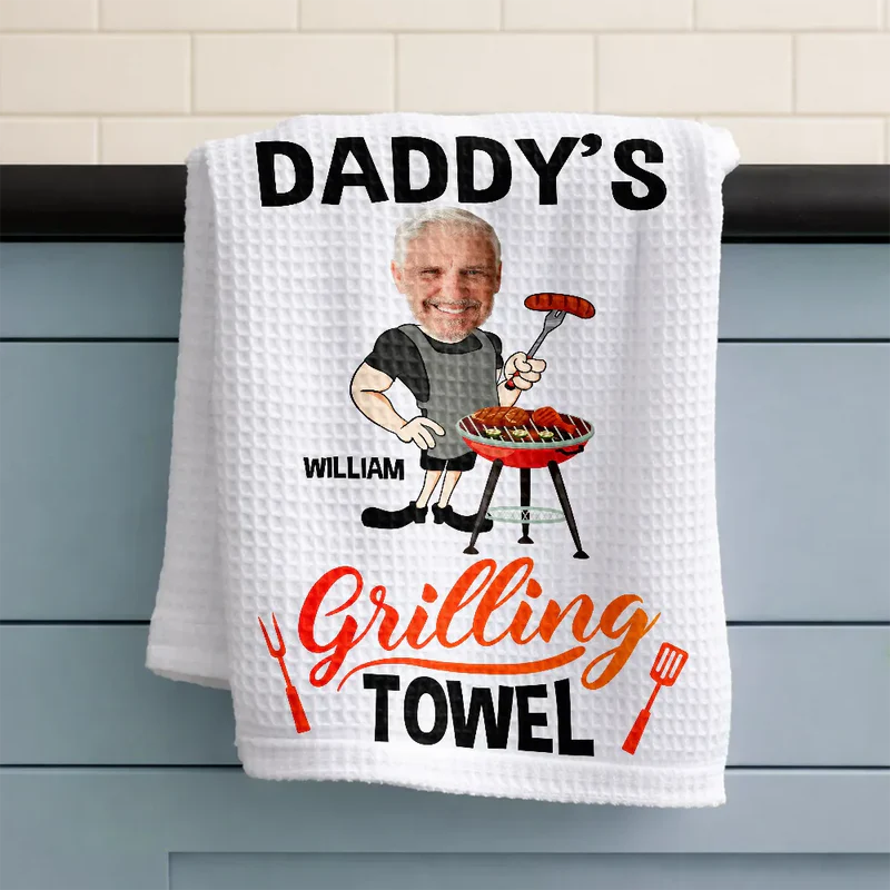 Personalized Kitchen Towel With Daddy Grilling Cartoon, Unique BBQ Gift For Dad