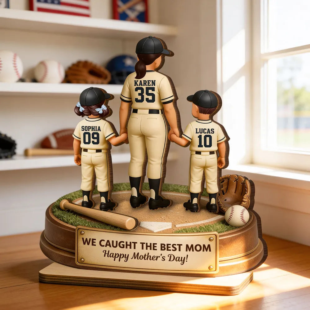 Personalized 2-Layer Wooden Plaque, Baseball Mom Holding Kids' Hands, 'We Hit a Home Run' Message, Unique Mother's Day Gift