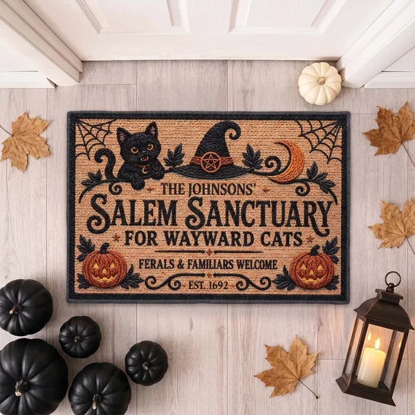 Personalized Standard Doormat with Seated Black Cat and Witch Hat, Unique Halloween Gift for Cat Lovers