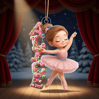 Personalized Acrylic Ornament, Pink Ballerina Dancing with Gingerbread Letters, Unique Christmas Gift for Girls