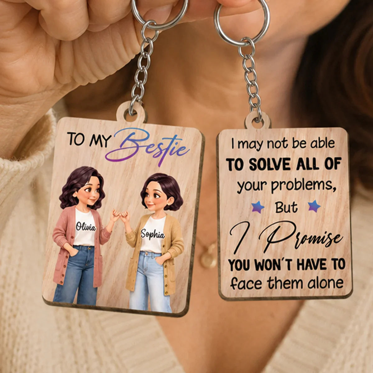 Personalized Wooden Keychain, Pinky Promise Bestie Illustration, Unique Creative Gift for Best Friend