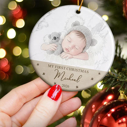 Personalized Ceramic Ornament, AI-Styled Smiling Baby Photo, First Christmas Keepsake, Unique Gift for Parents