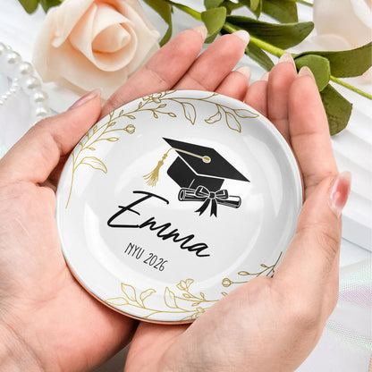 Personalized Round Jewelry Dish with Graduation Cap & Diploma, Unique Gift for Her Vanity