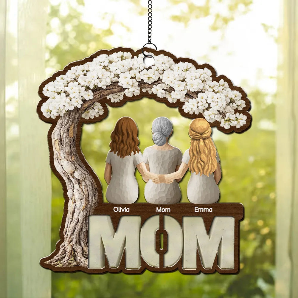 Personalized Wood and Acrylic Layered Ornament for Mom, Back View Family Under Blossom Tree, Unique Gift for Her
