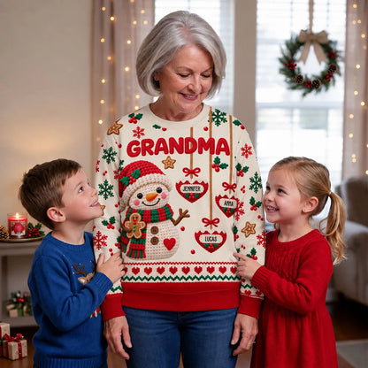Personalized Printed Sweatshirt, Crochet-Style Snowman Holding Gingerbread, Unique Christmas Gift for Grandma