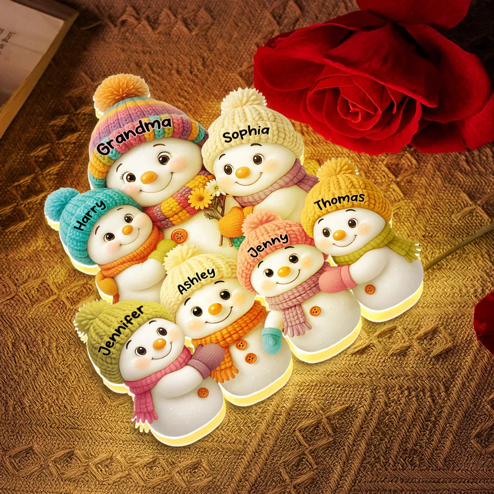 Snowman Family Acrylic Light Box with knitted hats, cozy holiday scene for grandparents, warm winter décor, a heartfelt Christmas gift
