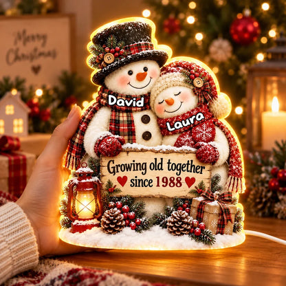 Growing Old Together Acrylic Light Box, Personalized Hugging Snowman Couple with Warm Glow, Creative Gift for Husband or Wife