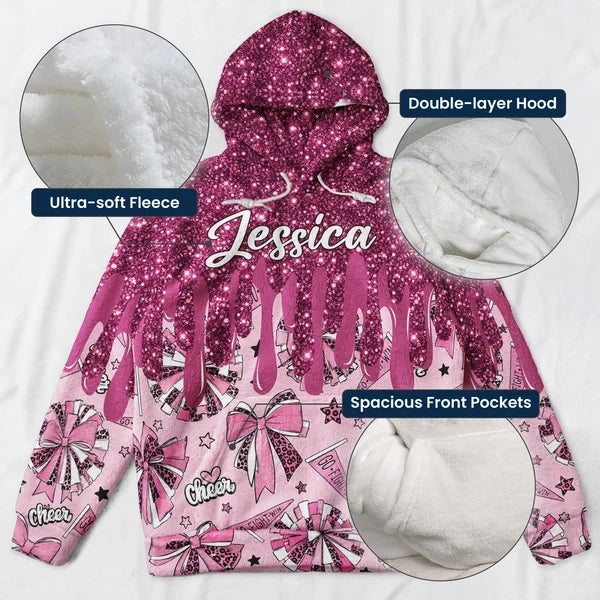 Personalized Youth Printed Flannel Hoodie, Pink Glitter Cheer Design, Unique Gift for Young Cheerleaders
