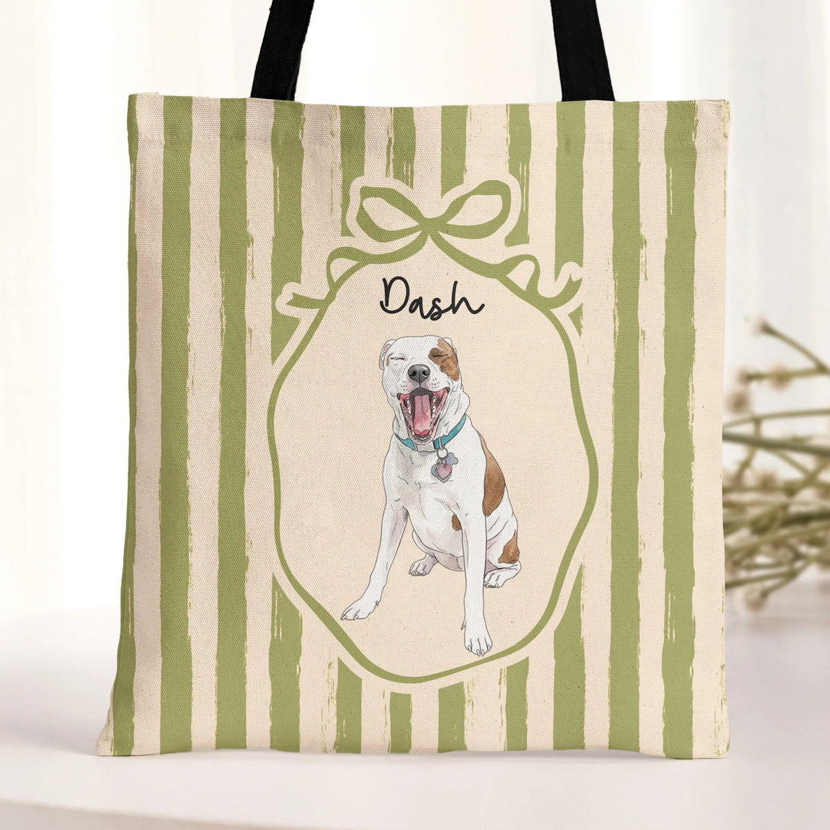 Personalized Pet Portrait Twill Tote Bag, Watercolor Dog & Cat Mom Creative Gift, Pastel Gingham Carryall