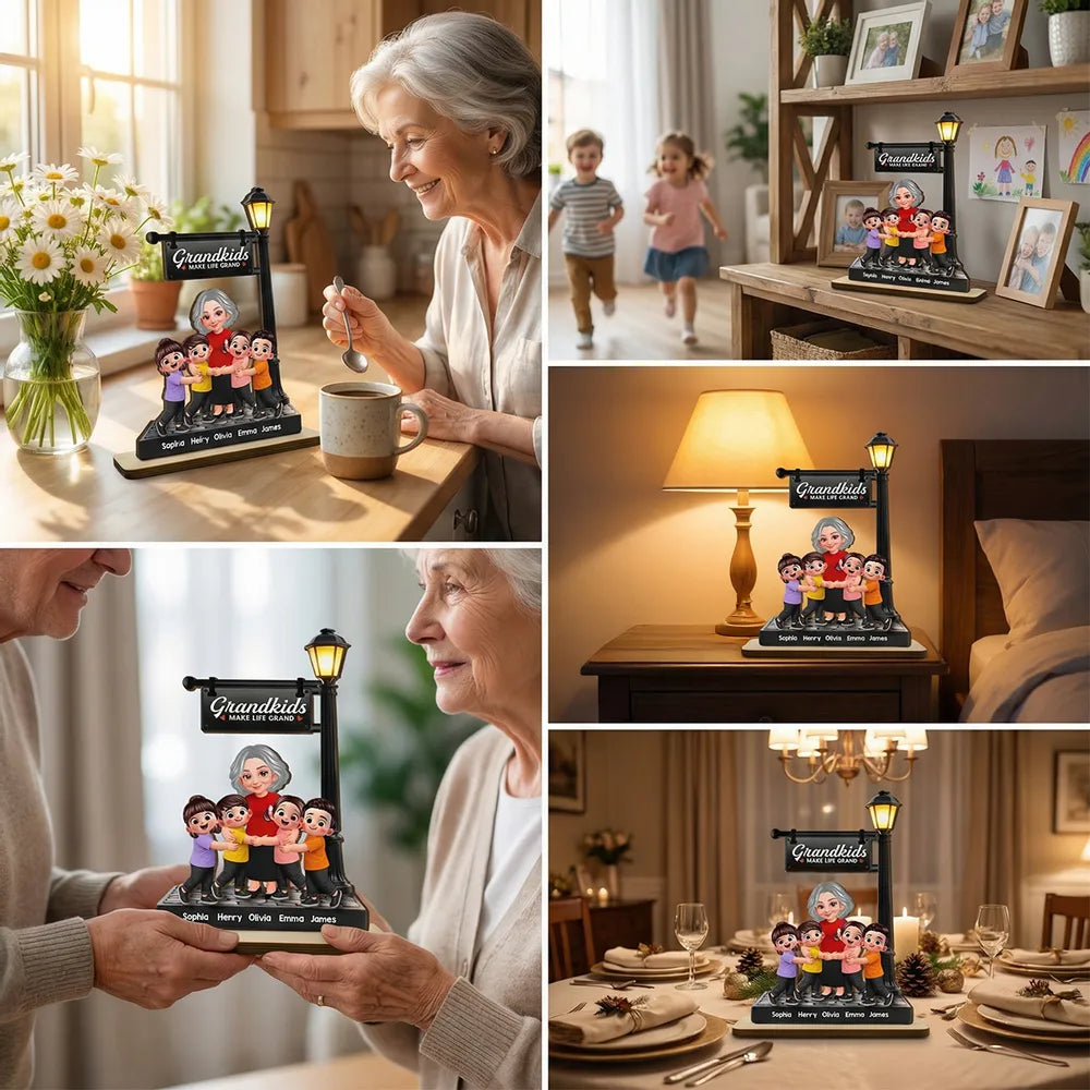 Personalized 2-Layer Wooden Plaque with Grandma and Grandkids Under Lamp Post, Sweet Family Keepsake, Unique Gift for Grandma