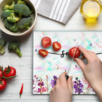 Tempered Glass Cutting Board With Custom Script Name, Watercolor Flowers, Creative Kitchen Gift for Her