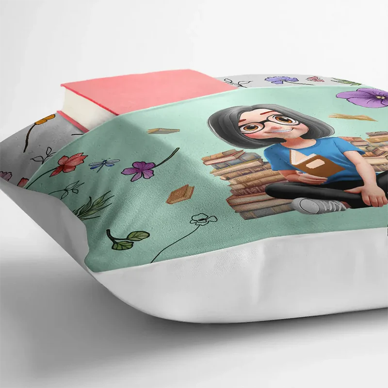 Personalized Pocket Pillow (Stuffing Included) Reading Girl With Flowers - Unique Gift For Book Lovers