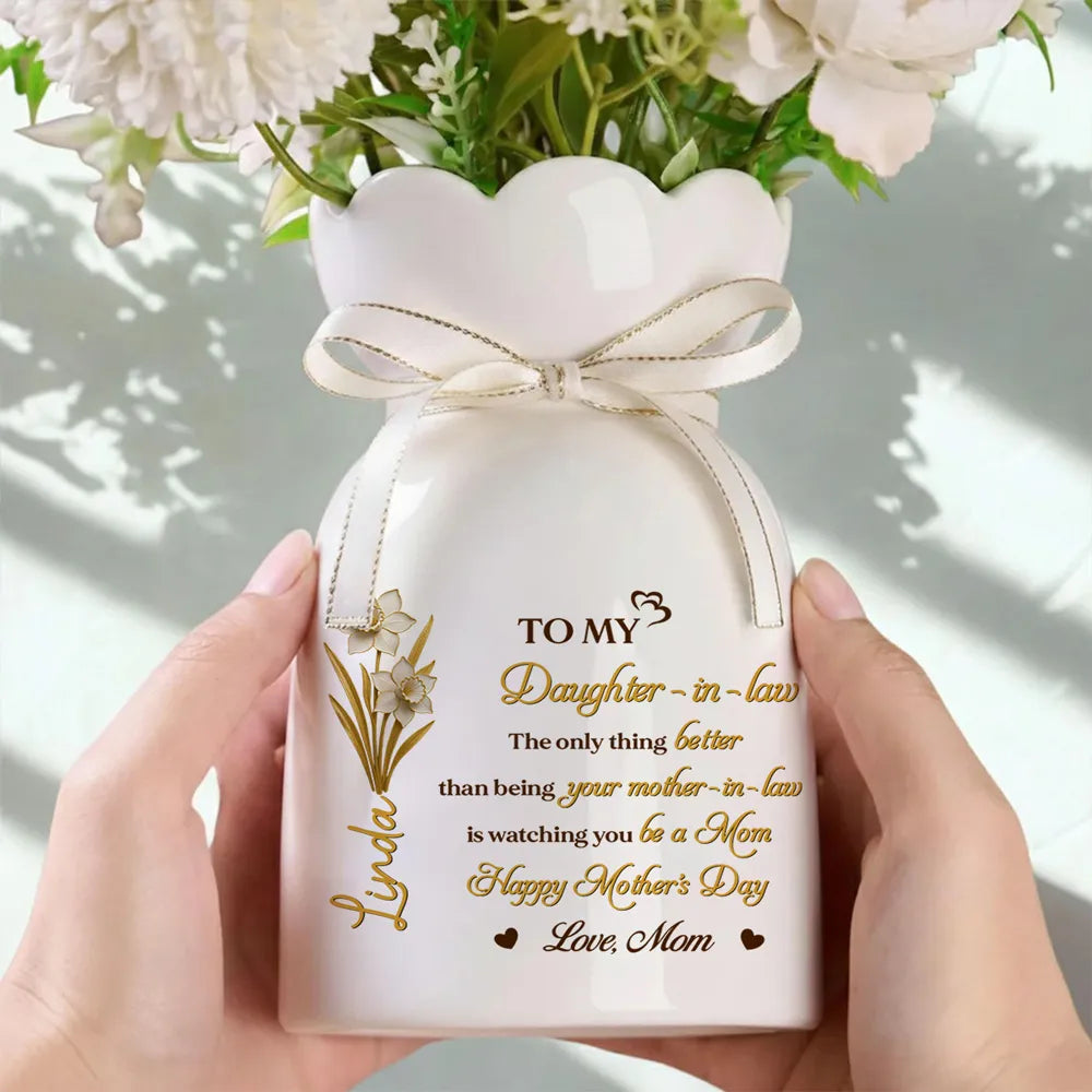 To My Daughter Scalloped Rim Ceramic Vase, Personalized Keepsake Gift From Mom for Mother's Day