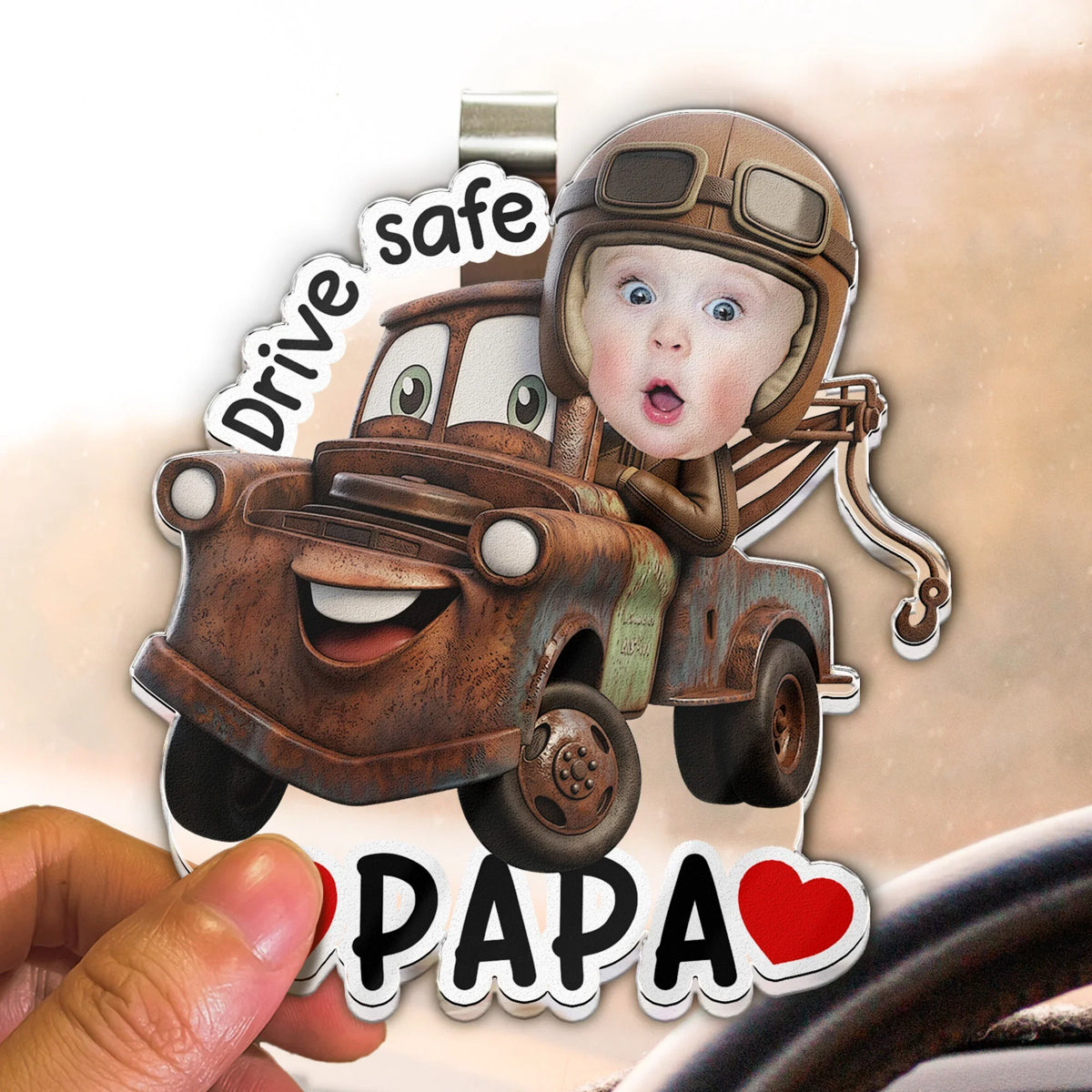 Personalized Acrylic Car Visor Clip with Kid or Pet Face Racing Car, Drive Safe Unique Gift for Dad