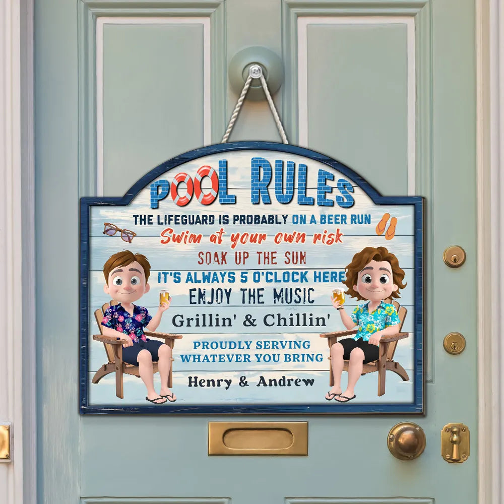 Funny Wooden Sign with Swim at Your Own Risk Pool Vibes, Custom Creative Gift for Friends & Couples