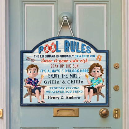 Funny Wooden Sign with Swim at Your Own Risk Pool Vibes, Custom Creative Gift for Friends & Couples