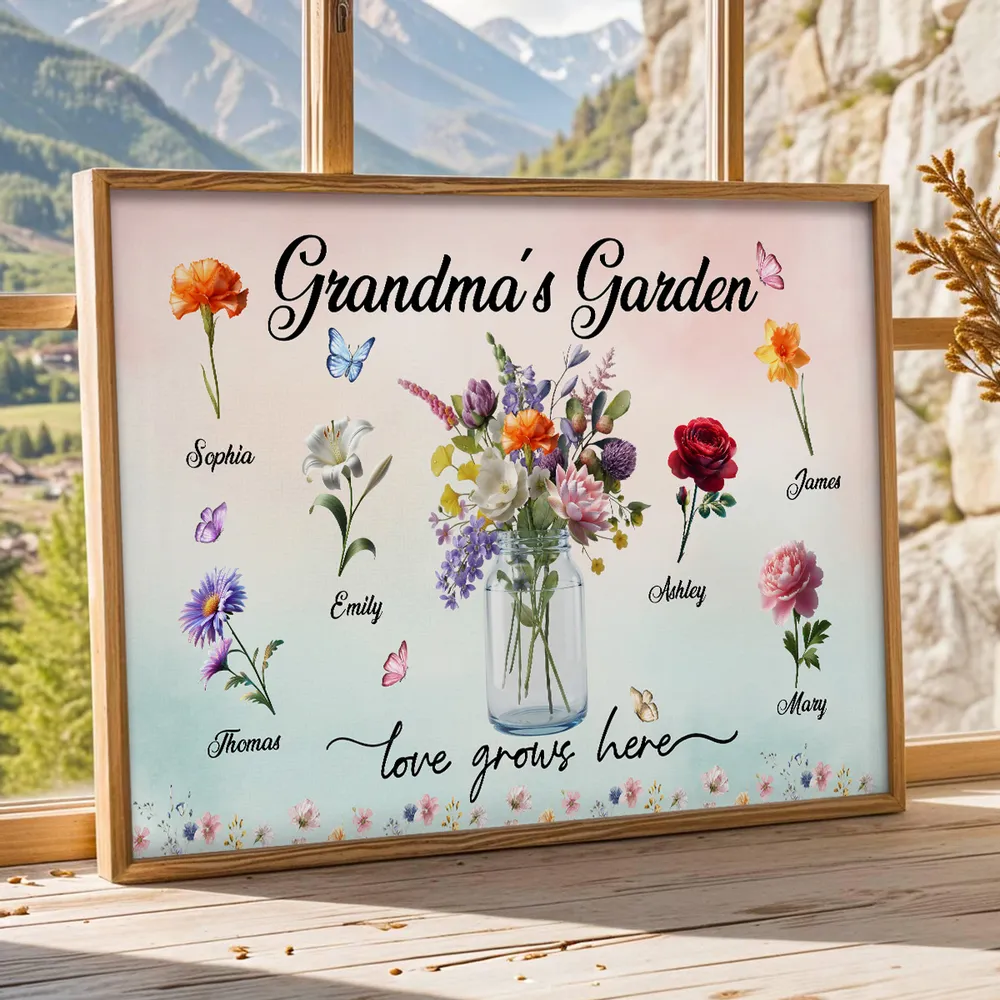 Personalized Grandma's Garden Flower Jar Poster, Custom Family Names Wall Art, Unique Gift for Grandma