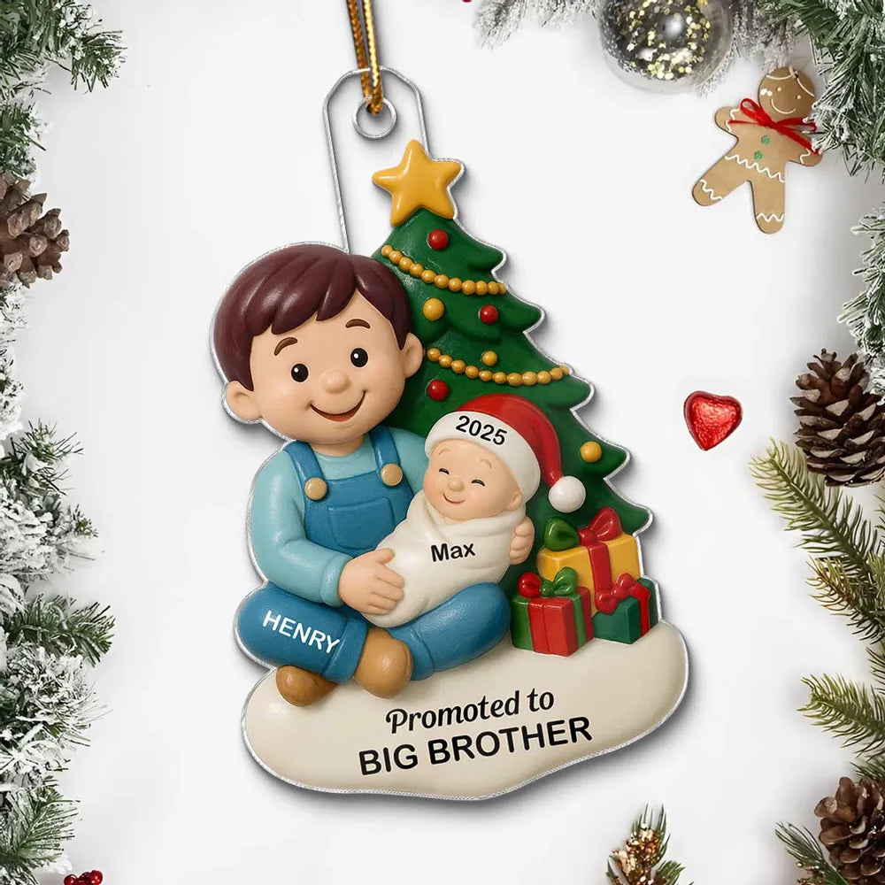 Personalized Acrylic Ornament, Big Sister or Big Brother Holding a New Baby by a Christmas Tree, Unique Sibling Gift