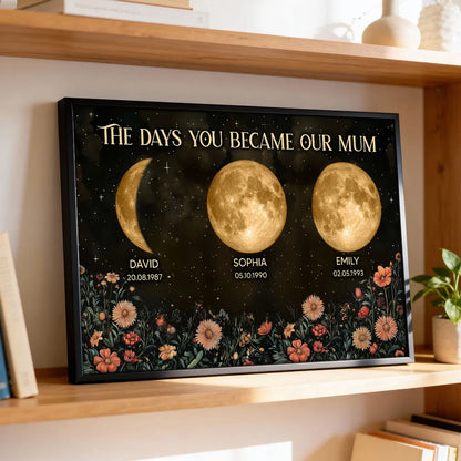 Personalized Moon Phases & Vintage Wildflowers Poster for Mom, The Days You Became Our Mum, Unique Mother's Day Gift