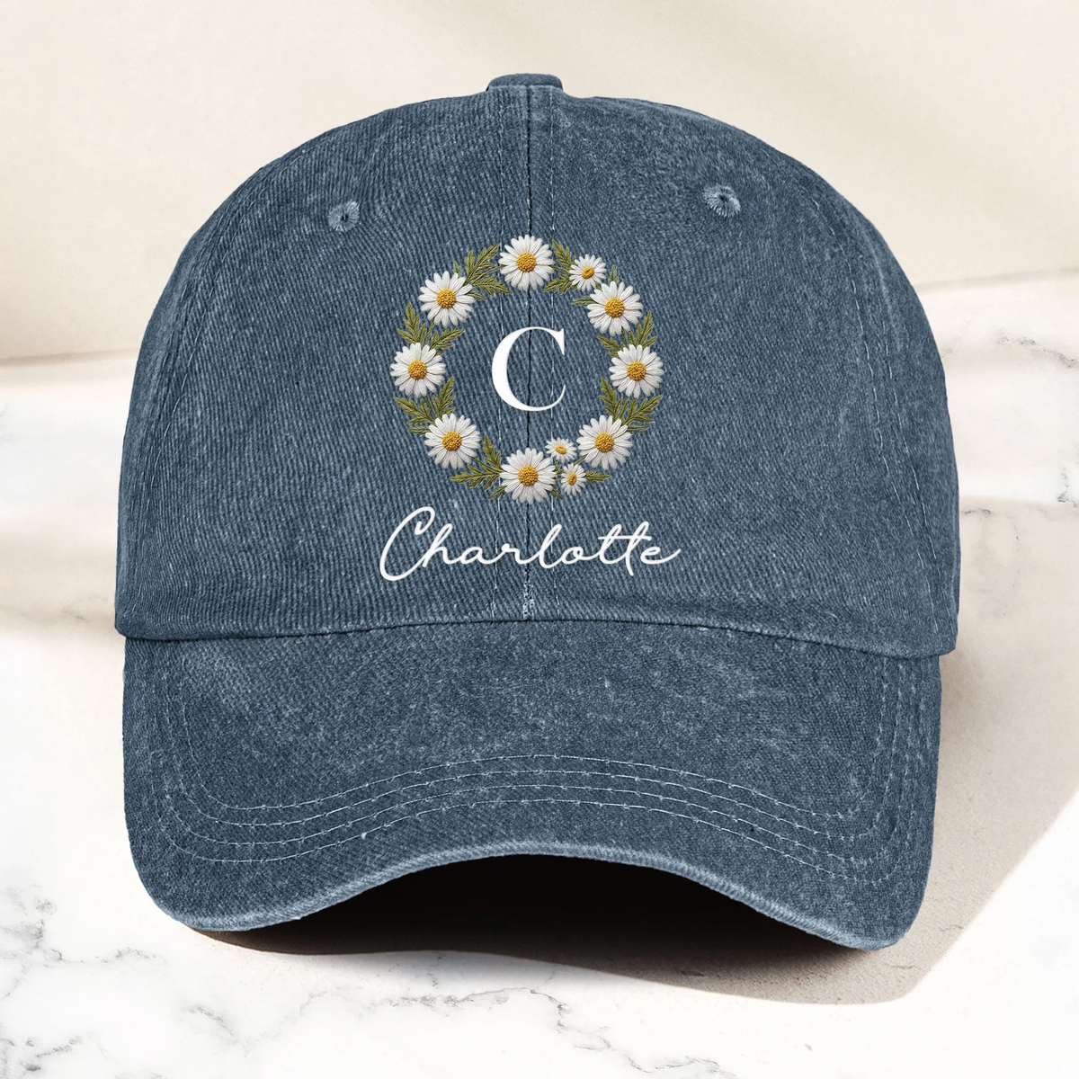 Washed Denim Baseball Cap With Custom Floral Design - Relaxed Everyday Gift For Mom Or Friend