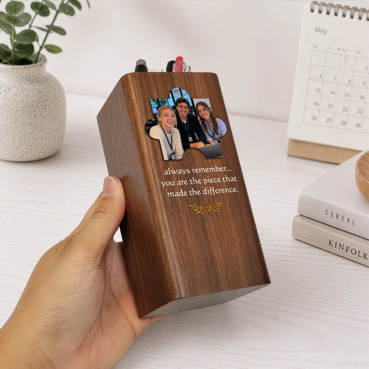 Wooden Pen Holder Clock, Always Remember Photo Design, Creative Gift for Teacher or Coworker