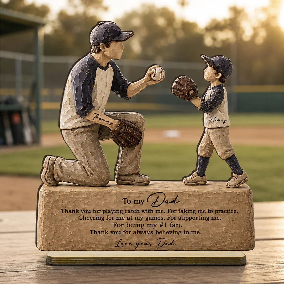 Personalized 2-Layer Wooden Plaque, Sunlit Baseball Dad & Child Catch Scene, Unique Gift for Dad