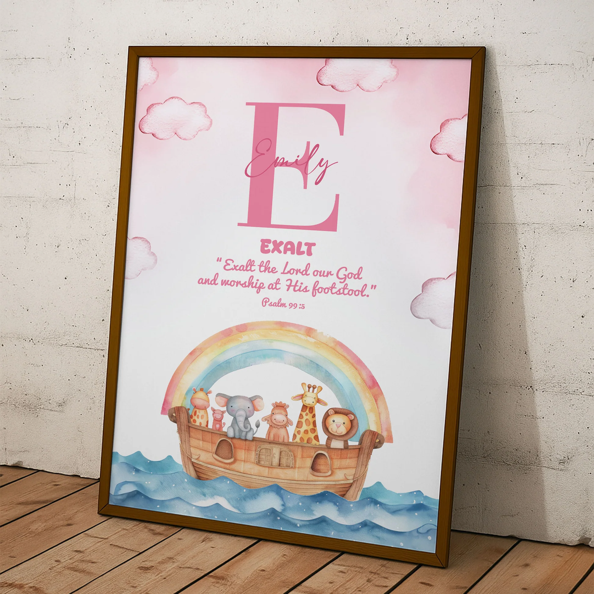 Custom Kids Noahs Ark Poster with Initial and Scripture Nursery Wall Art, Sweet Faith-Filled Gift for Baby or Child