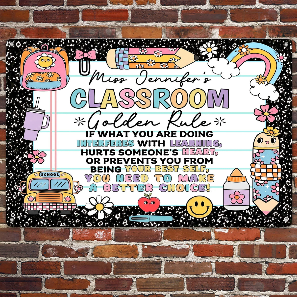 Personalized Rectangular Iron Sign for Teacher, Rainbow Classroom Golden Rule Decor, Unique Gift