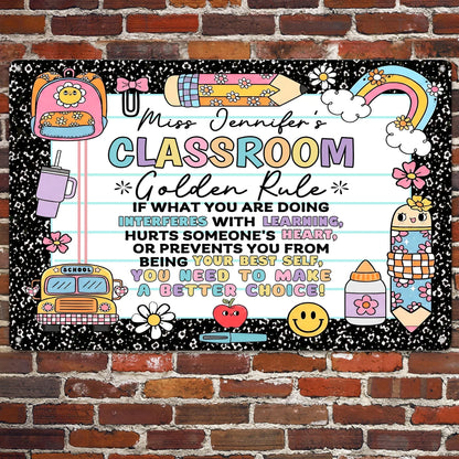 Personalized Rectangular Iron Sign for Teacher, Rainbow Classroom Golden Rule Decor, Unique Gift