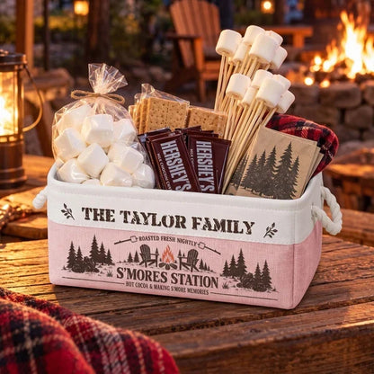 Cotton Linen Rope Basket, Personalized Family Campfire Storage, Unique Gift for Cozy S'mores Nights