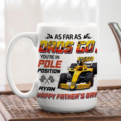 Personalized White Ceramic Mug For Dad With Racing Car Art, Unique Father's Day Gift