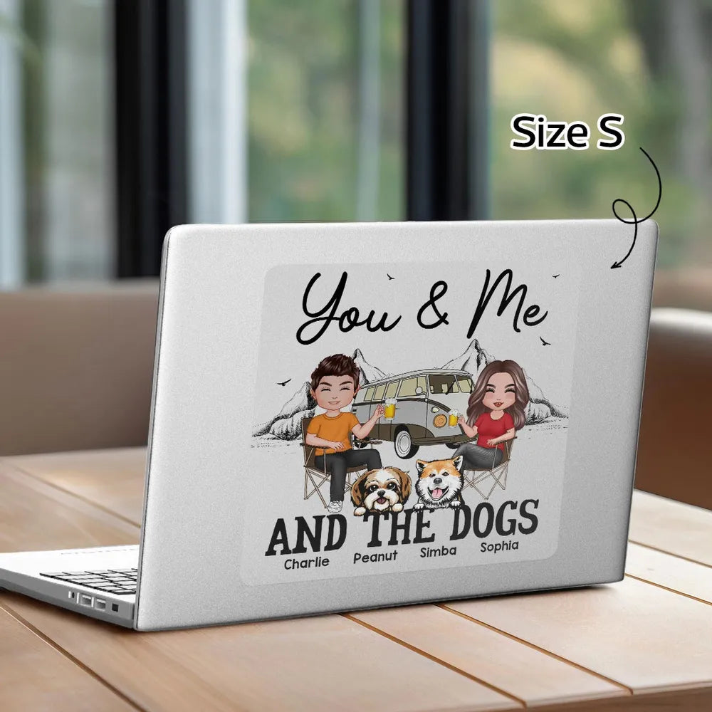 You & Me and the Dogs Sticker Decal, Custom Cartoon Camping Scene, Creative Gift for Couples