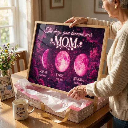 The Days You Became Our Mom Poster, Personalized Pink Moon Wall Art with Rose Accents, Meaningful Gift for Mom