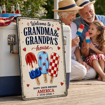 Custom Rectangular Iron Sign for Grandparents, Vintage Red & Blue Welcome Decor, Creative Family Gift