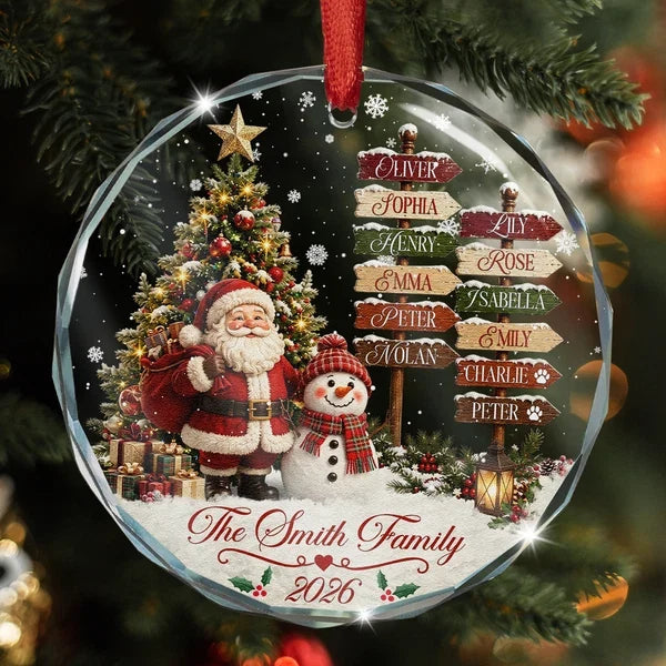 Personalized Crystal Ornament with Santa and Snowman Christmas Scene, Unique Family Gift
