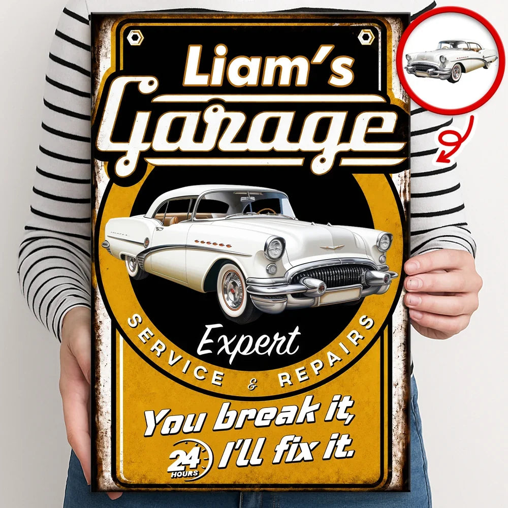 Personalized Rectangular Iron Sign, You Break It, I'll Fix It Garage Art, Creative Gift for Auto Enthusiasts