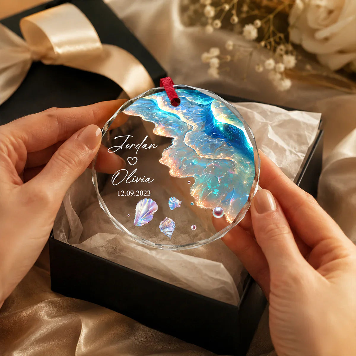 Custom Crystal Ornament for Couple, Romantic Coastal Keepsake with Wedding Portrait Look, Creative Gift