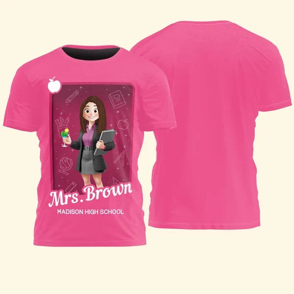 Personalized Printed Classic Tee, Cartoon Teacher Holding Books in Classroom, Unique Gift for Educators