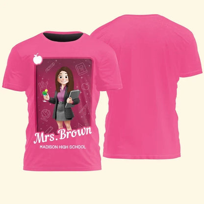 Personalized Printed Classic Tee, Cartoon Teacher Holding Books in Classroom, Unique Gift for Educators