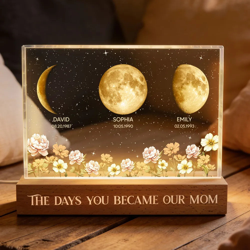 The Days You Became Our Mom Block LED Light Plaque, Custom Night Light for Bedroom or Office Desk, Meaningful Gift