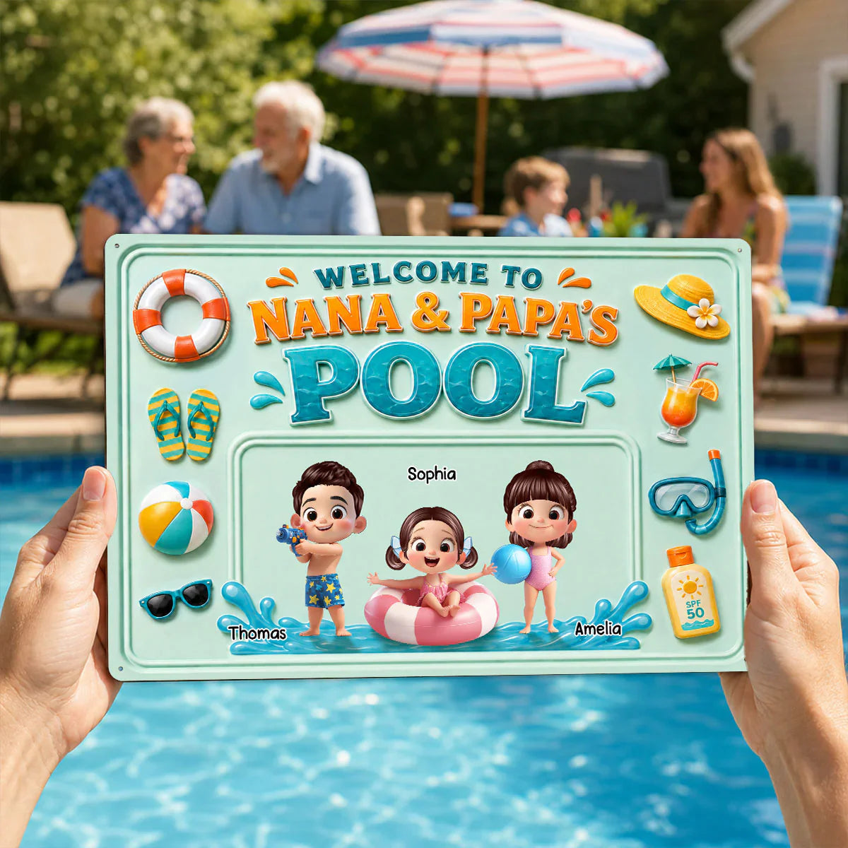 Personalized Rectangular Iron Sign, Nana & Papa's Poolside Kids, Unique Gift for Grandparents