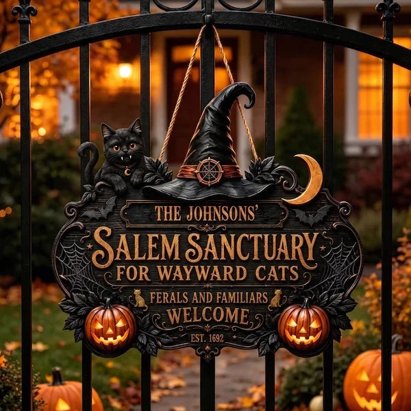 Personalized Wooden Sign with Vampire Cat, Witch Hat & Glowing Pumpkins, Unique Halloween Gift for Cat Lovers